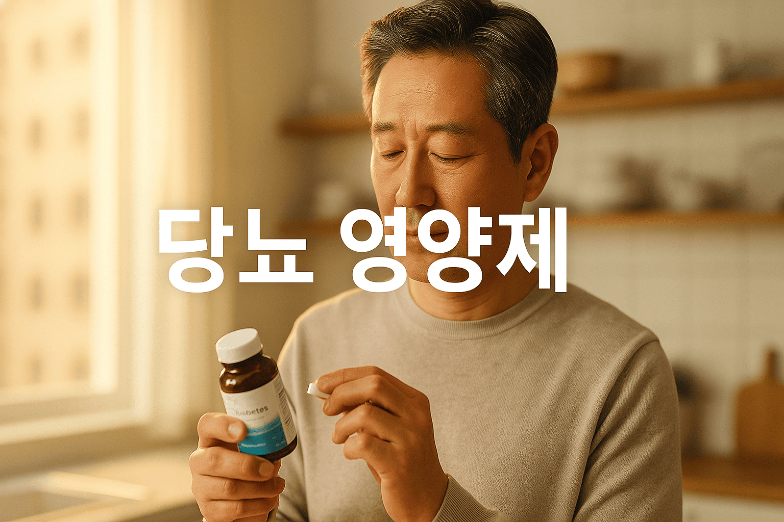한국인-중년남성이-주방에서-당뇨-영양제를-확인하며-섭취하려는-장면