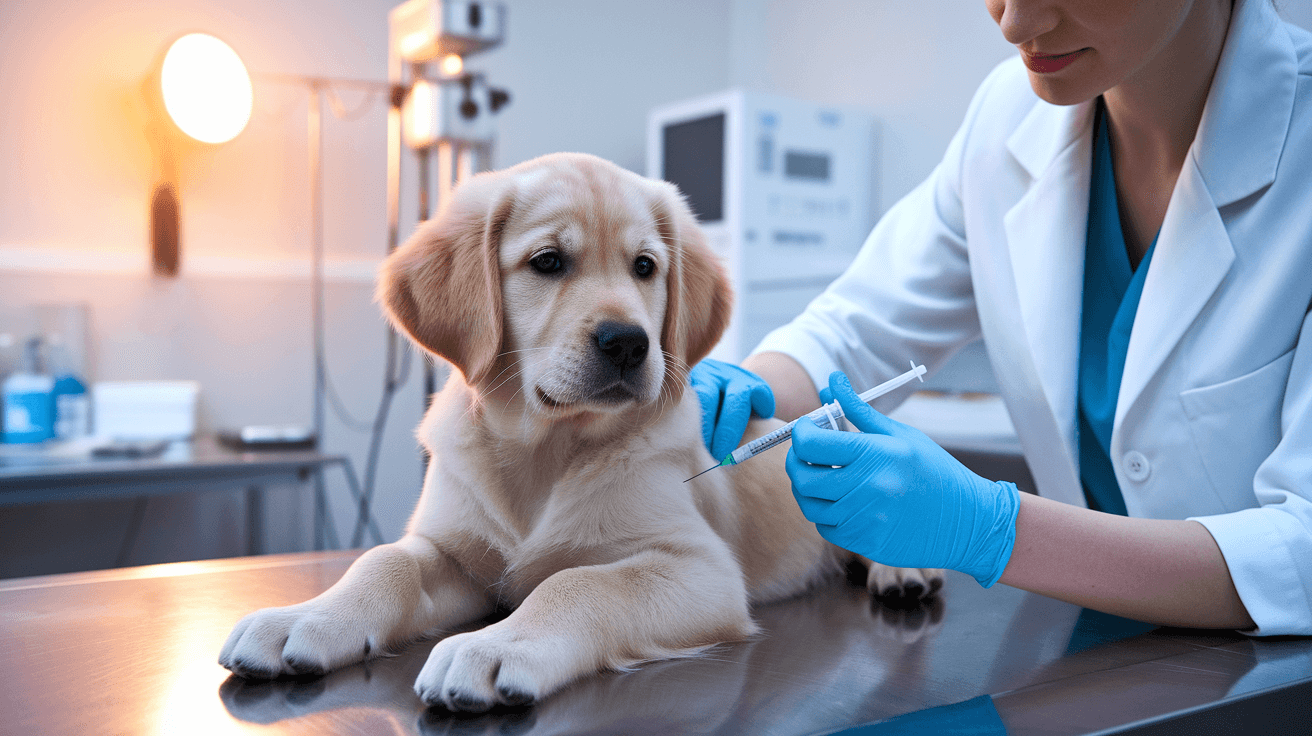 A cute golden retriever puppy receiving a vaccination shot at a veterinary clinic