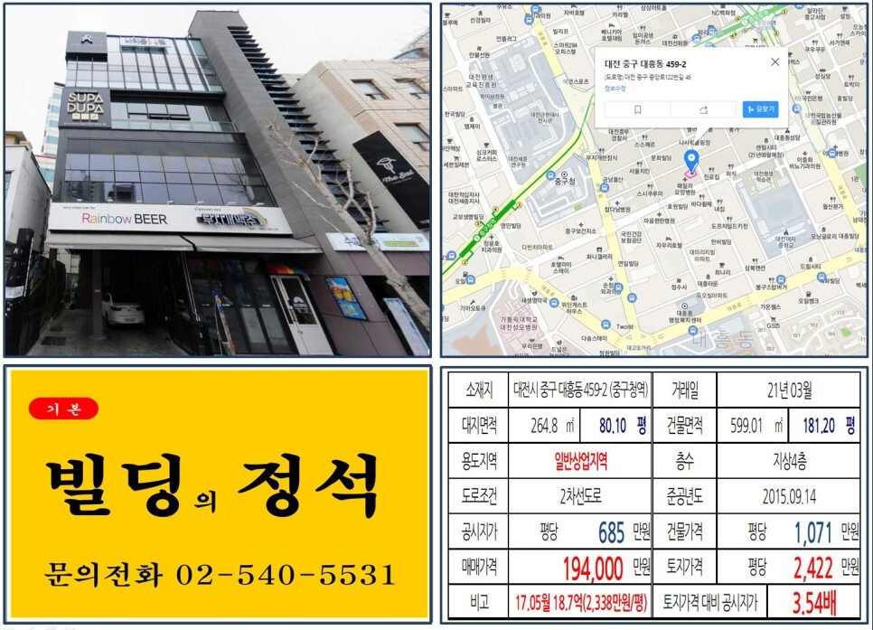  [대전시 대흥동 문화예술의거리 10억 꼬마빌딩 실거래가 조회] 대흥동 459-2 (중구청역) 19.4억 원, 평당 2,422만 원 매매되었습니다