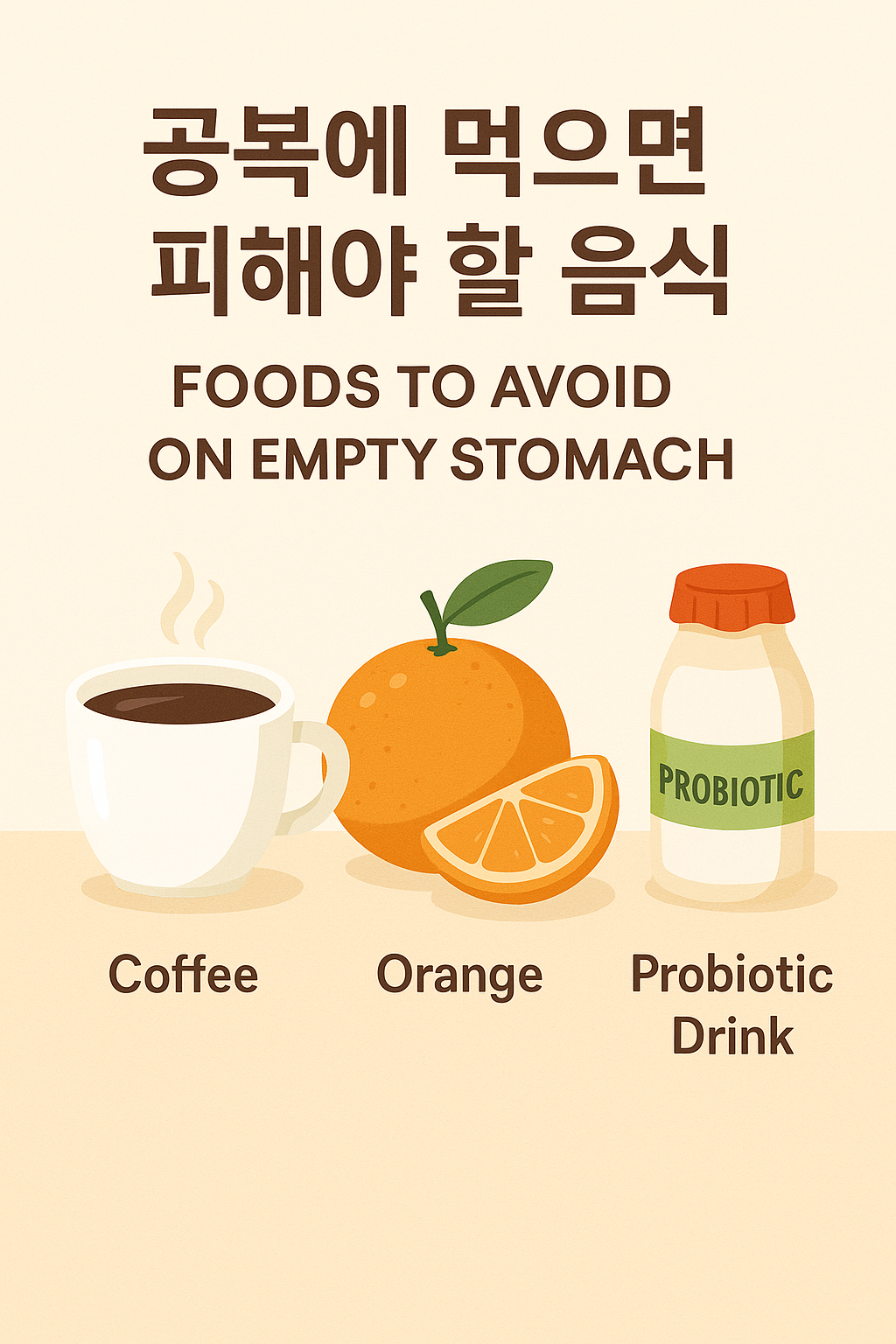 A flat digital illustration showing coffee, orange, and probiotic drink as foods to avoid on an empty stomach, with Korean text "공복에 먹으면 피해야 할 음식" and English text "Foods to Avoid on Empty Stomach" at the top