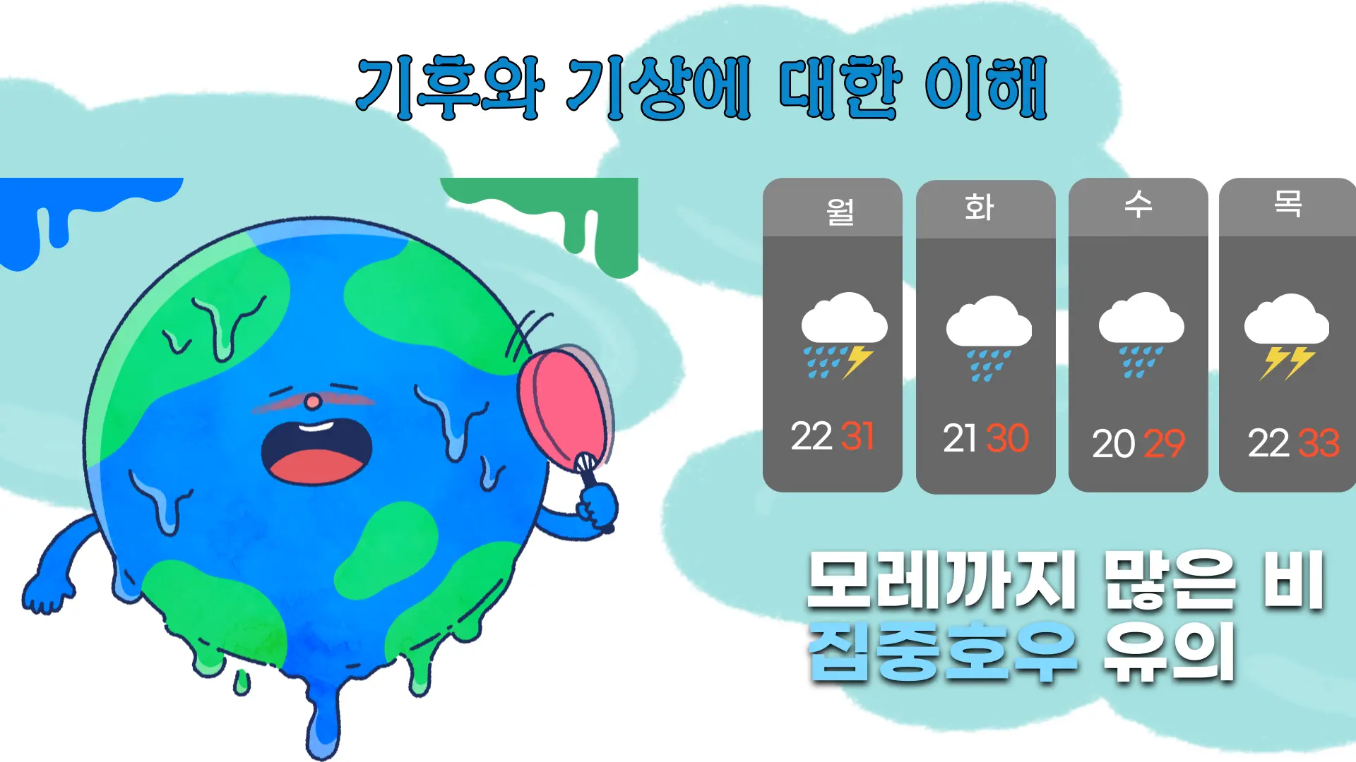 왼쪽은 기후 변화로 신음하는 지구를 나타내는 이미지이며 우측은 날씨를 알려주는 기상예보가 있는 이미지입니다.