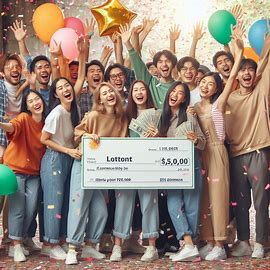 복권에 당첨된 사람이 기뻐하고 있고, 그 주변으로 사람들이 축하해주고 있다.