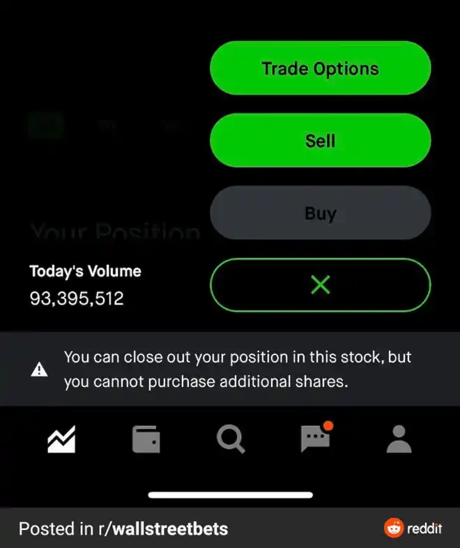 2021년 당시 로빈후드 앱에서 Buy 버튼이 비활성화 된 것을 캡쳐하여 WallStreetBets에 개인 투자자들이 공유했었다.