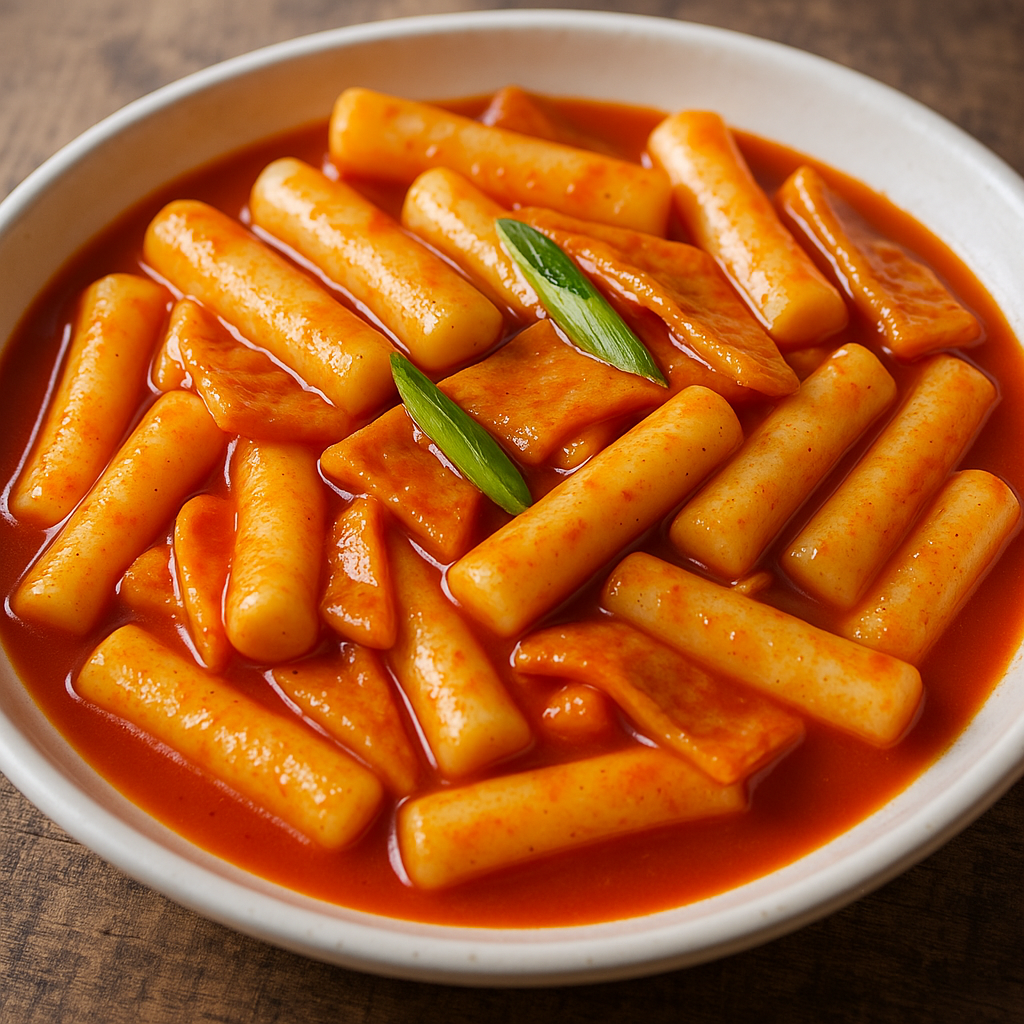 Spicy Korean tteokbokki with fish cakes and green onions