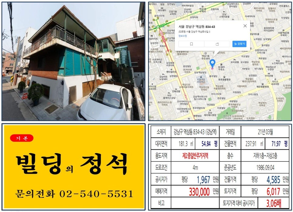  [강남구 역삼로 30억 꼬마빌딩 실거래가 조회] 역삼동 834-43 (강남역) 33억 원, 평당 6,017만 원 매매되었습니다. 역삼초 사거리, 마루180, 팁스타운, 신풍제약