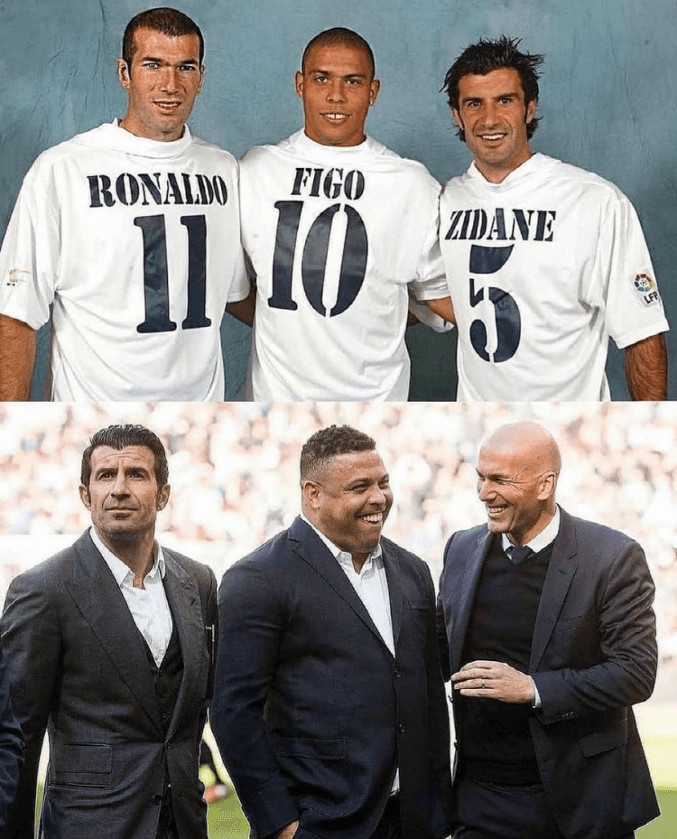 동시대에 축구계를 주름잡았떤 레전드들, 제일 위의 사진은 서로 유니폼을 바꿔 입고 있다(지네디 지단(좌), 호나우두(중), 루이스 피구(우), 월드컵은 세월의 무게를 느끼게끔 한다(출처: 2002 월드컵 득점왕 호나우두 인스타그램)