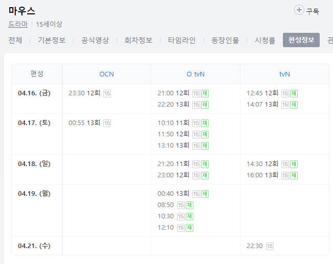 마우스 13회 재방송 다시보기 편성표