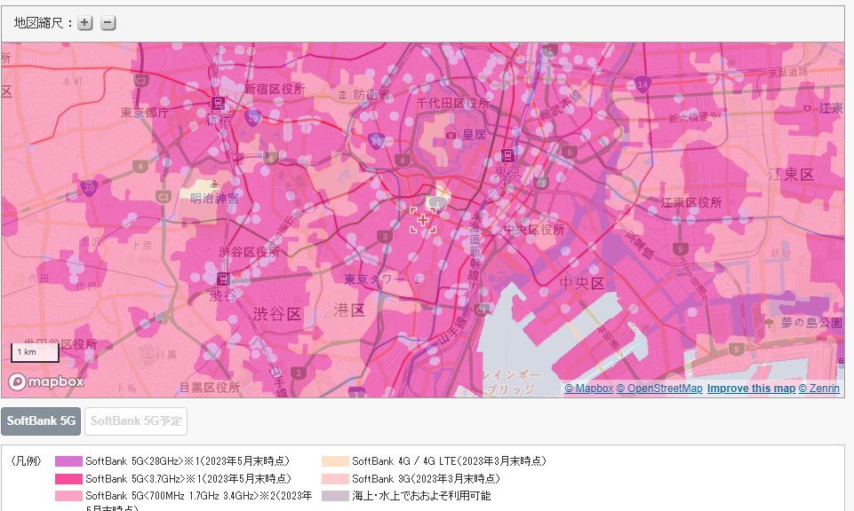 SoftBank의 도쿄 주변 5G 커버리지