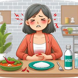양손으로 배를 만지며 고통스러워 하는 여성의 그림
