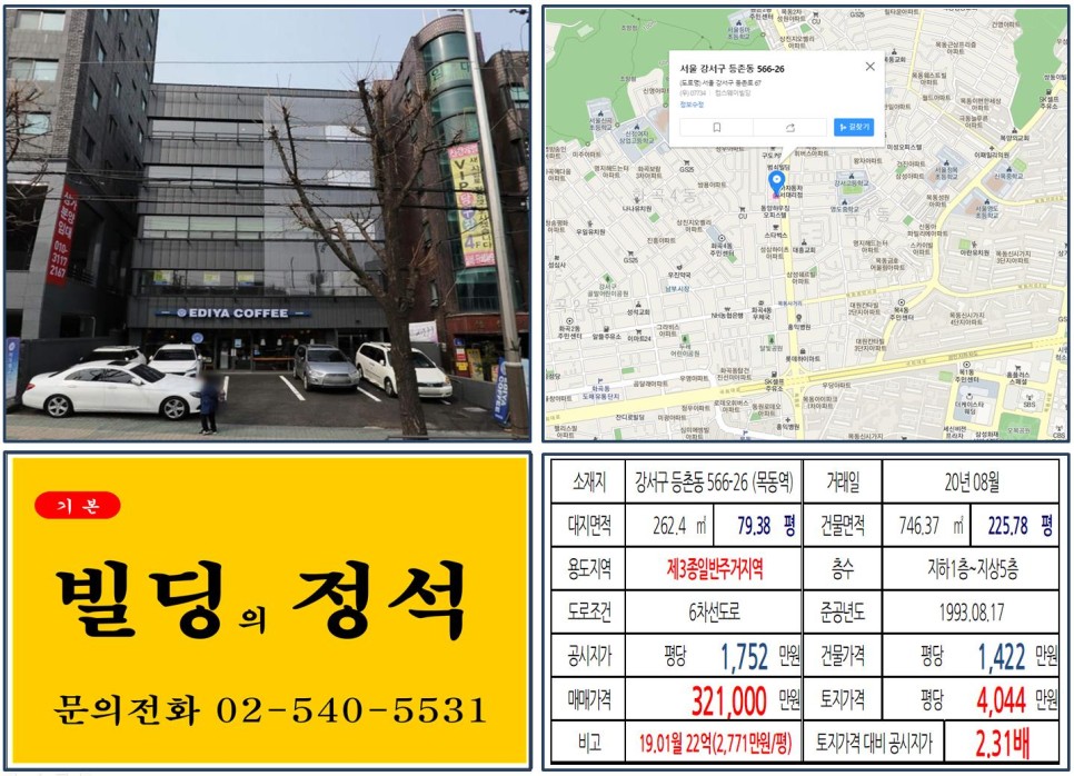  [강서구 목동 신시가지 아파트 꼬마빌딩 실거래가 조회] 등촌동 566-26 (목동역) 25.5억 원, 평당 4,933만 원 매매되었습니다. 이디