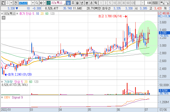 시노펙스-주가-흐름-차트