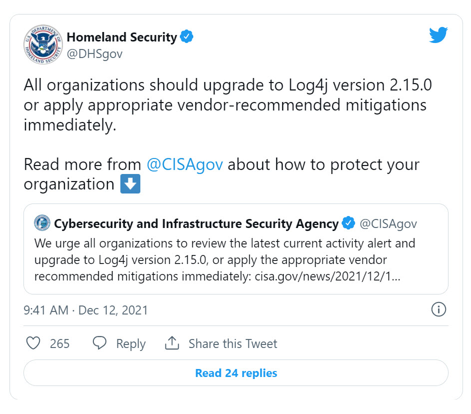 미국 국토안보부(United States Department of Homeland Security) 트윗