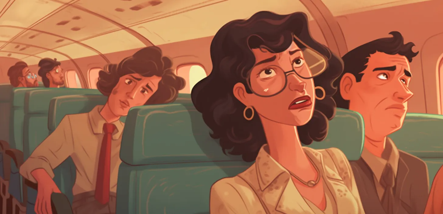 A scene in which a woman complains of dizziness on an airplane.
