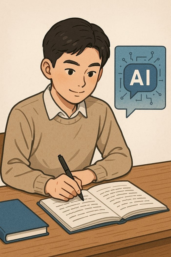 AI 관련 글쓰기를 하는 청년 일러스트 이미지
