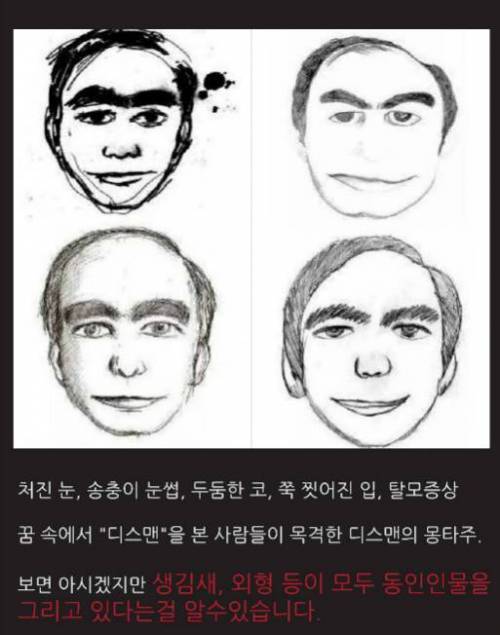 처진 눈, 송충이 눈썹, 두툼한 코, 쭉 찢어진 입, 탈모증상
꿈 속에서 &quot;디스맨'을 본 사람들이 목격한 디스맨의 몽타주.
보면 아시겠지만 생김새, 외형 등이 모두 동인인물을 그리고 있다는걸 알수있습니다.