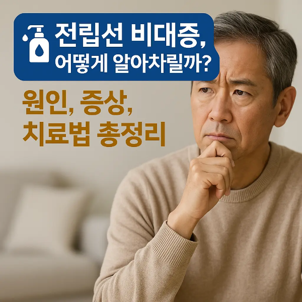 전립선 비대증에 대해 고민하는 중년 남성의 사진 위에 ‘전립선 비대증, 어떻게 알아차릴까? — 원인, 증상, 치료법 총정리’ 문구가 들어간 홍보용 이미지