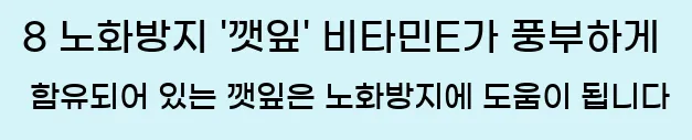  8 노화방지 '깻잎' 비타민E가 풍부하게 함유되어 있는 깻잎은 노화방지에 도움이 됩니다