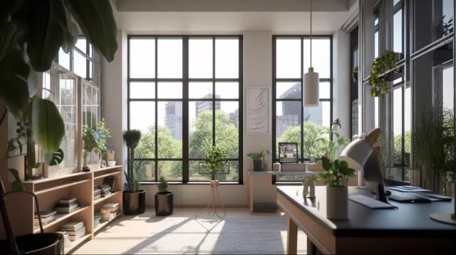 Interior Design&#44; a perspective of a study&#44; modernist&#44; large windows with natural light&#44; Light colors&#44; plants&#44; modern furniture&#44; modern interior design --v 5 --ar 16:9 --no chairs --q 2