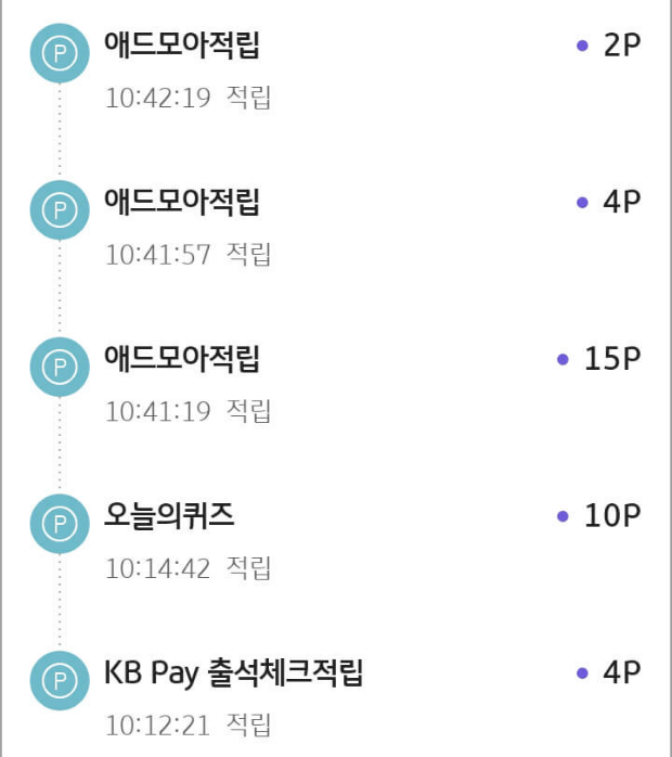 금일 KB pay 출석체크 + 애드모아 + 오늘의 퀴즈로 적립받은 내역 총 21포인트 적립한 화면