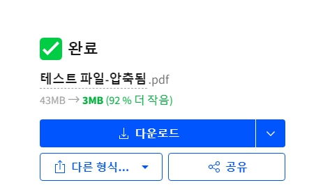 5. 용량 줄이기가 완료되면 기존 대비 92% 정도 줄었다는 메시지를 확인할 수 있습니다. 



6. 파일 다운로드를 눌러서 압축이 완료된 PDF 파일을 저장합니다..