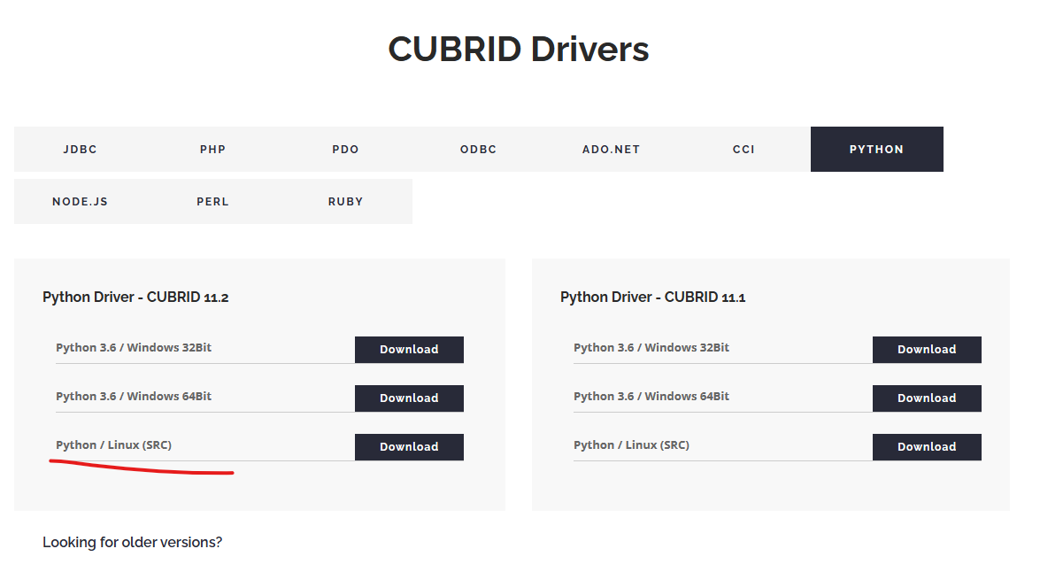 CUBRID의 python 드라이버 다운로드 화면