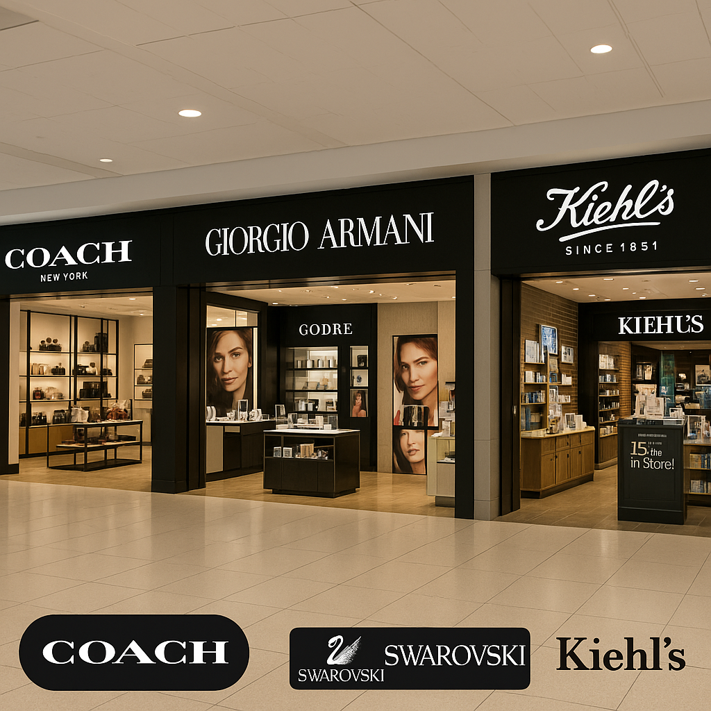 애틀랜타 공항 면세점 Coach, Armani+ Swarovski+ Kiehl's 매장 사진 + 각 브랜드 로고가 모여 있는 이미지 (브랜드 아이덴티티를 강조한 사진).