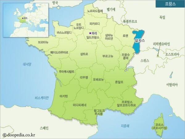 알자스 지방 위치를 나타낸 프랑스 지도