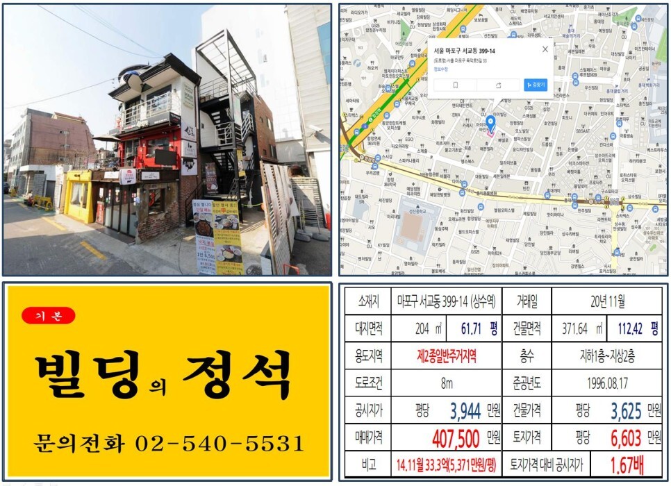  [마포구 홍대 먹자상권 40억 올근생 꼬마빌딩 실거래가 조회] 서교동 399-14 (상수역) 40억 7,500만 원, 평당 6,603만 원 매매