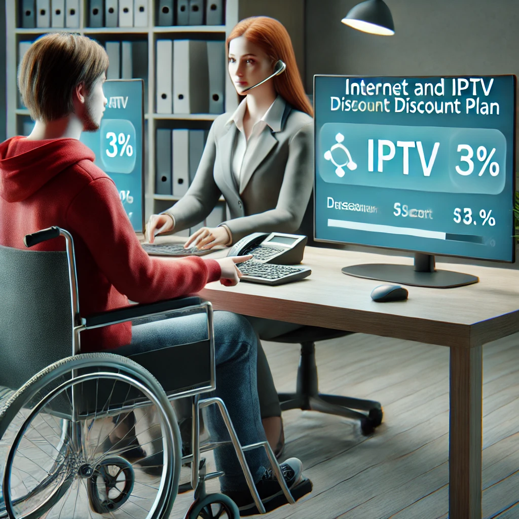 장애인이 통신사 서비스 센터에서 인터넷&middot;IPTV 요금 할인을 신청하는 장면. 