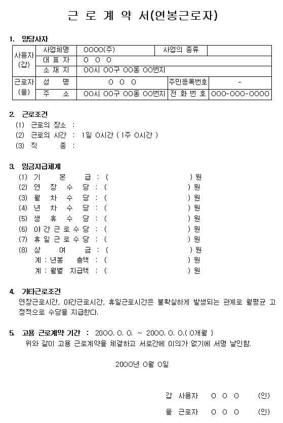 연봉계약자를 위한 근로계약서 양식의 내용들