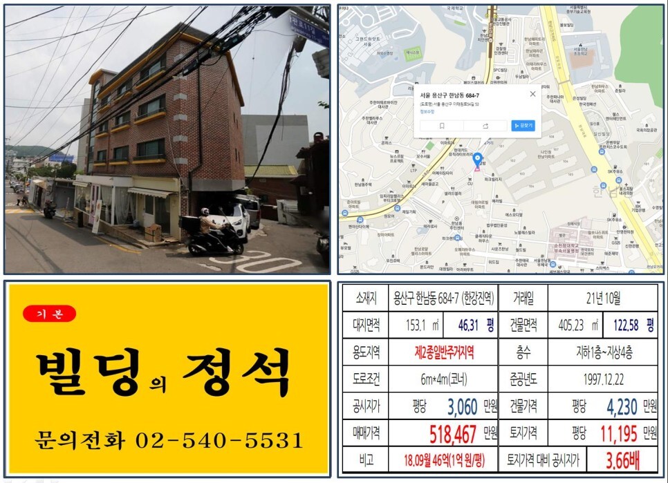  [용산구 한남동 카페거리 50억 꼬마빌딩 실거래가 조회] 한남동 684-7 (한강진역) 51억 8,467만 원, 평당 1억 1,195만 원 매매되었습니다.
