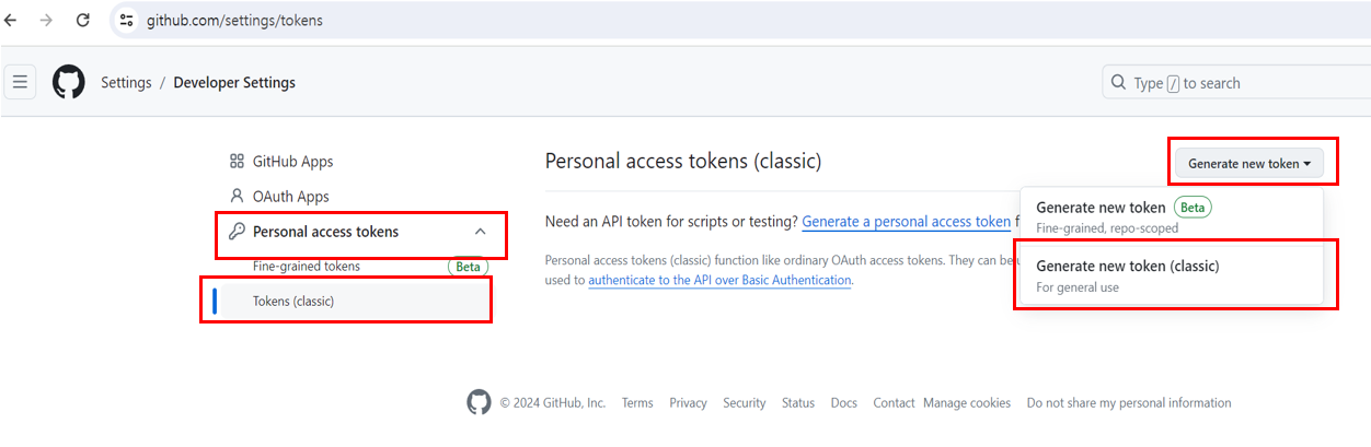 GitHub Generate new token (classic)