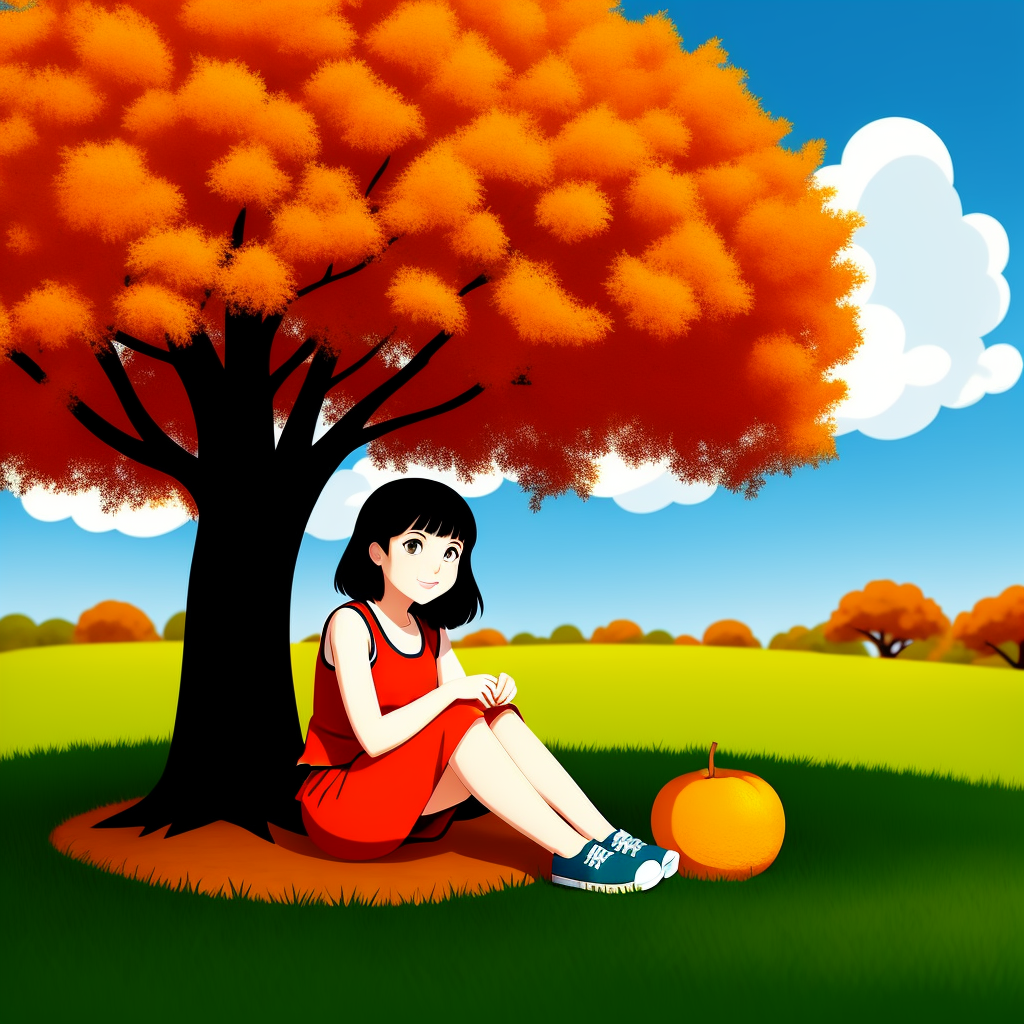 오렌지 나무 아래 앉아있는 소녀
