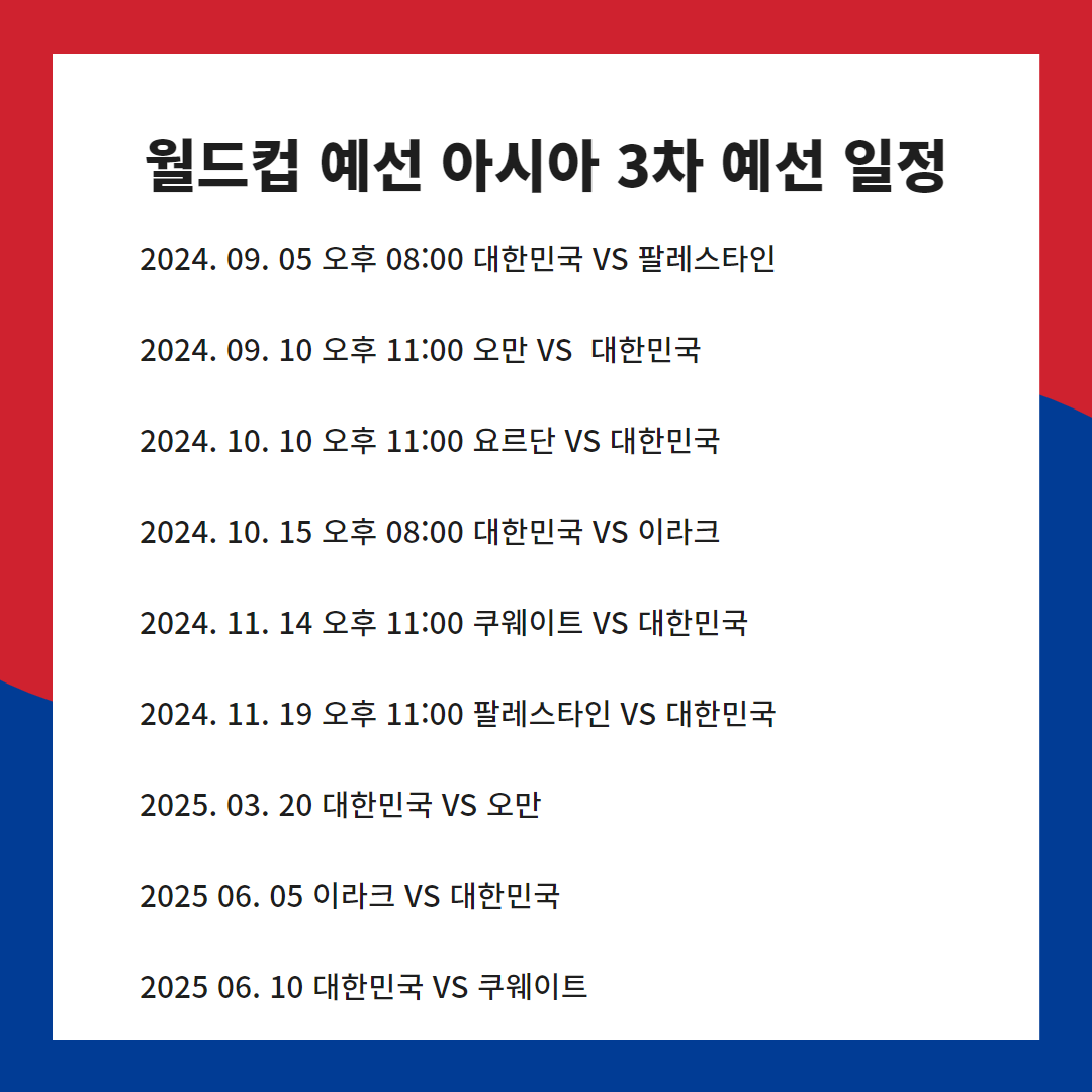 월드컵 예선 일정 대한민국 팔레스타인 쿠웨이트 한국 축구 국가대표 일정 명단 중계