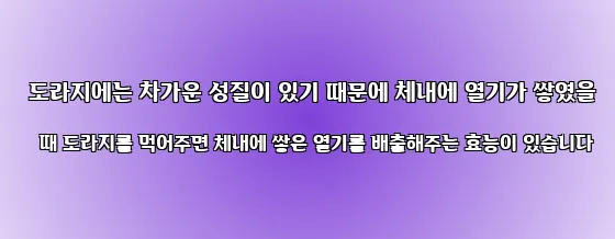  도라지에는 차가운 성질이 있기 때문에 체내에 열기가 쌓였을 때 도라지를 먹어주면 체내에 쌓은 열기를 배출해주는 효능이 있습니다