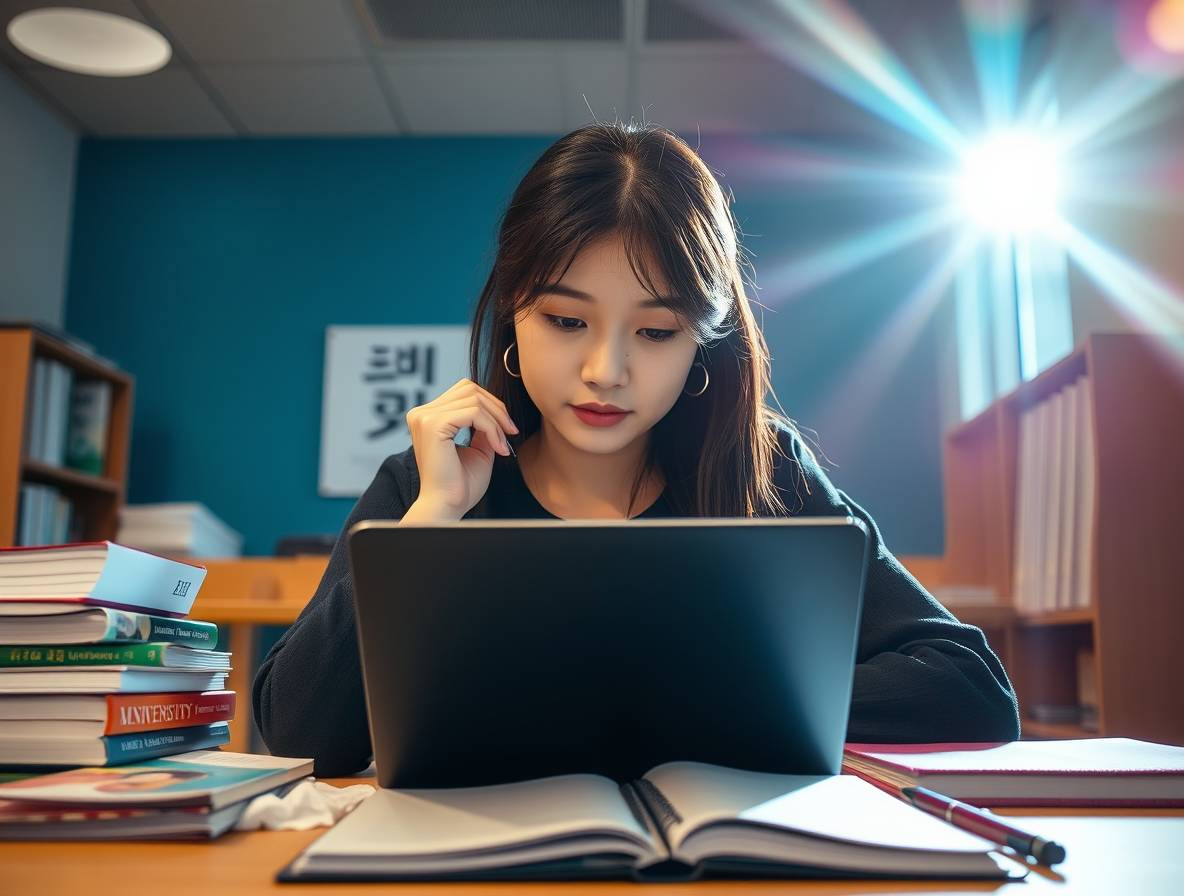 진지하게 진로를 고민하며 노트북 앞에서 전공을 선택하는 한국 여학생