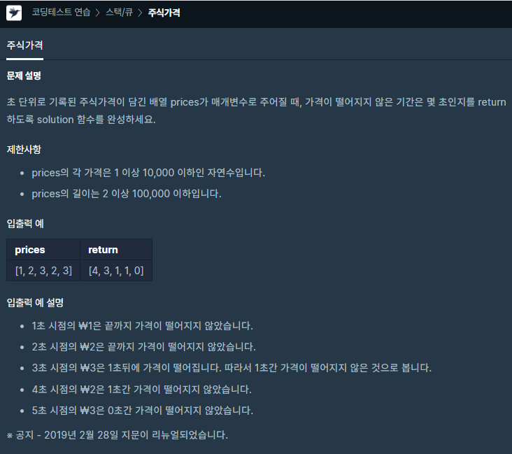  프로그래머스[Java] - (Level2)주식가격