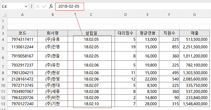 셀서식과 원본데이터 비교