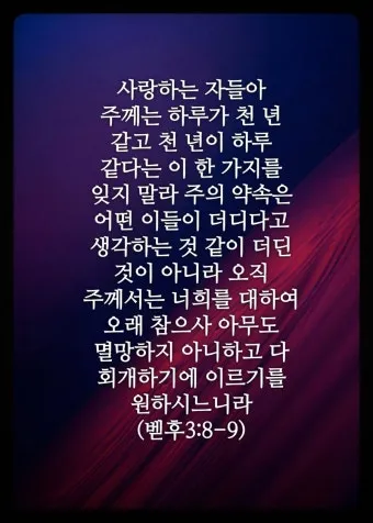 베드로후서 3장 9절 묵상 - 주의 약속은 어떤 이들이 더디다고 생각하는 것 같이 더딘 것이 아니라_25