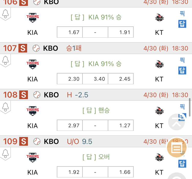 [진짜총판] 4월30일 기아 VS KT 국내야구분석 