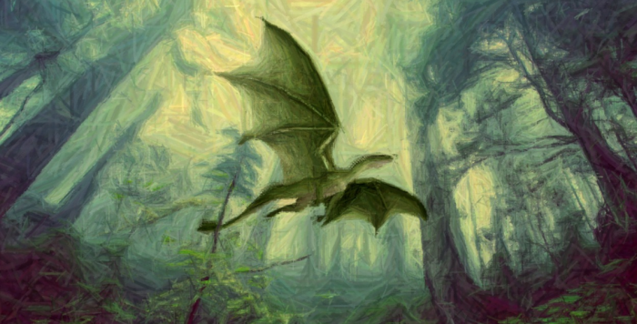 날개 달린 용이 숲속을 날고 있는 그림