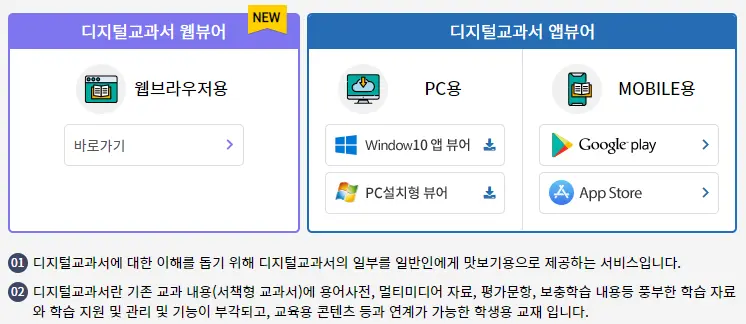 디지털 교과서는 웹뷰어와 앱뷰어로 서비스를 제공하고 있어요.
