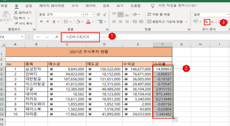 엑셀에서 수익률 적용하는 방법