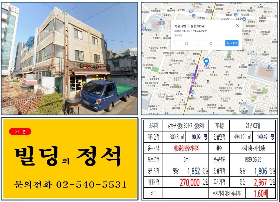  [강동구 길동복조리시장 20억 꼬마빌딩 실거래가 조회] 길동 391-7 (길동역) 27억 원, 평당 2,967만 원 매매되었습니다. 서울 꼬마빌