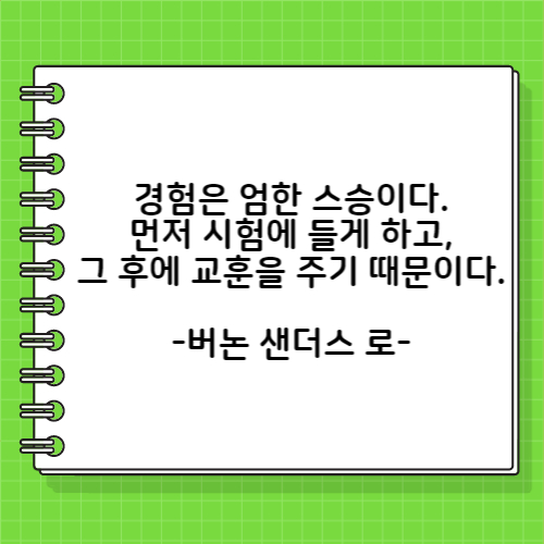 경험은 엄한 스승이다. 먼저 시험에 들게 하고&#44; 그 후에 교훈을 주기 때문이다. 버논 샌더스 로