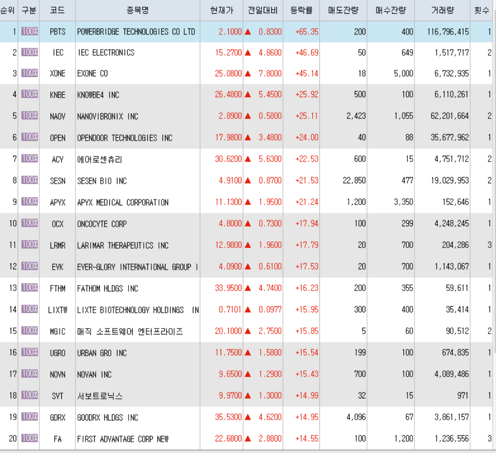  8월12일 미국주식 상승률 상위 종목 TOP 300