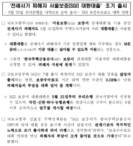  ‘전세사기 피해자 서울보증(SGI) 대환대출’조기 출시
