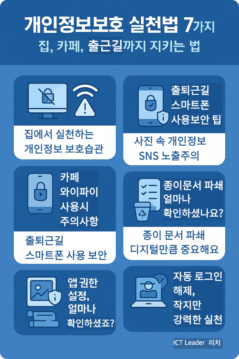 개인정보보호 실천법 7가지 인포그래픽: 집, 카페, 출근길에서 지킬 수 있는 보안 수칙 요약