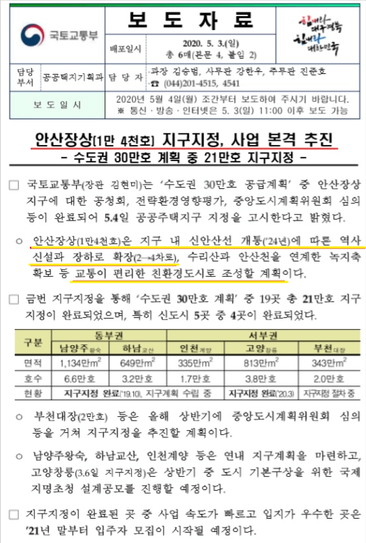 신안산선 역사 신설관련 국토부 보도자료와 안산 장상지구 개발예상지도