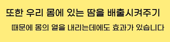  또한 우리 몸에 있는 땀을 배출시켜주기 때문에 몸의 열을 내리는데에도 효과가 있습니다